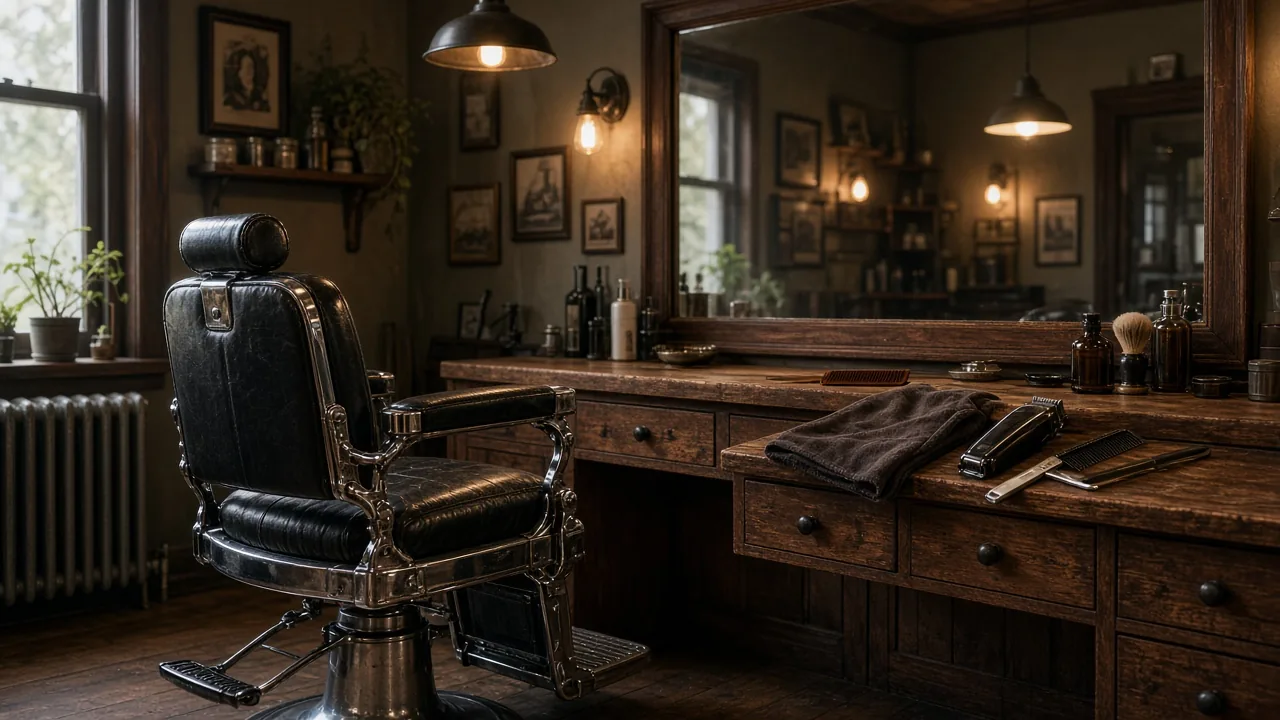 A vintage black leather and chrome barber chair beside a wooden counter with clippers, a comb and a towel in a warmly lit barbershop